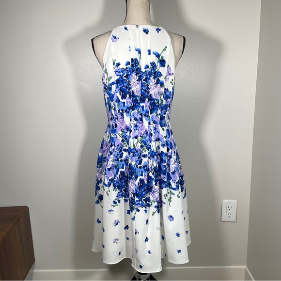 Adrianna Papell White Blue Floral Halter Neck Fit and Flare Sleeveless Dress 10 - Picture 8 of 11